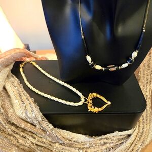 Black & White Beaded Necklace & Goldtone Heart Necklace w/pearls on Rope